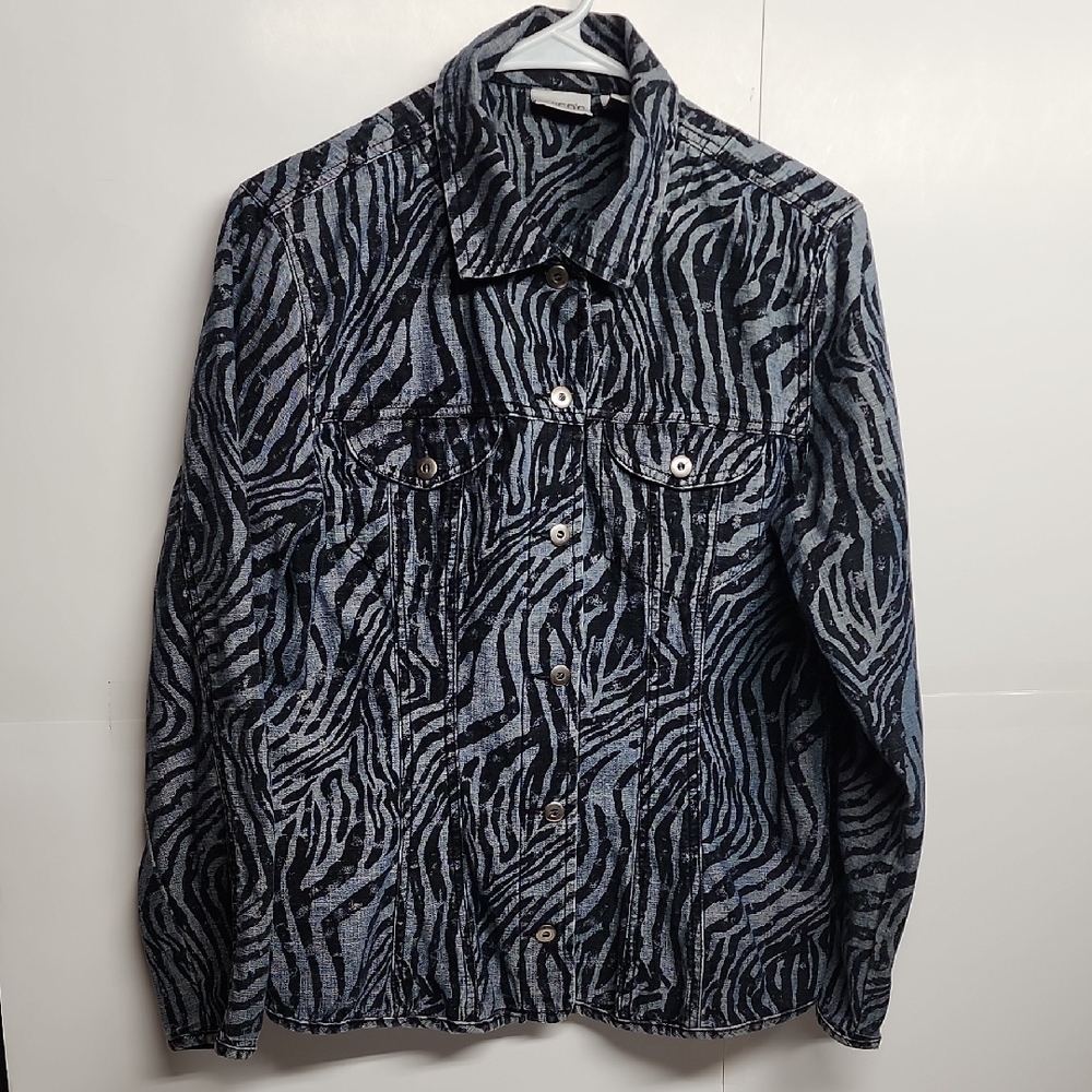 Chico's Zebra Print Lightweight Denim Jacket Sz 1